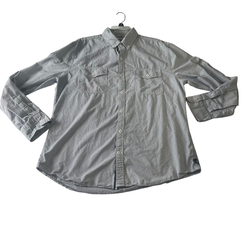 Express Mens Fitted Striped Button Down Shirt Blue White XL Long Sleeve Lion